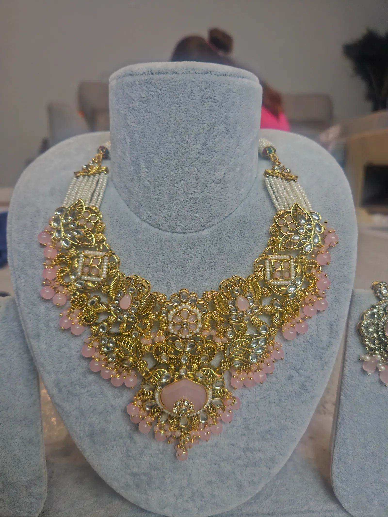 Gold-Toned Filigree Necklace with Pink Beads and Pearl Chains